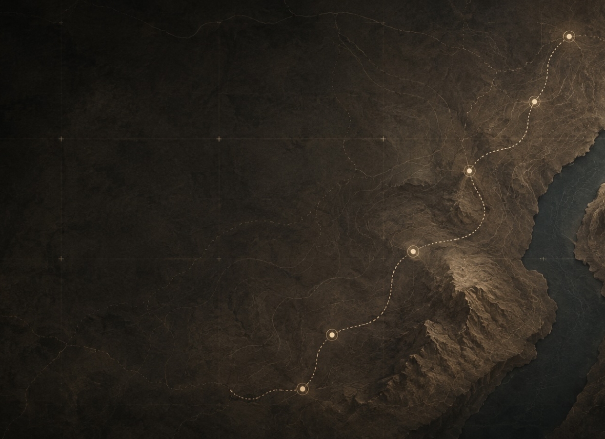 Rappresentazione cartografica astratta di un percorso storico-territoriale analizzato con strumenti di intelligenza artificiale