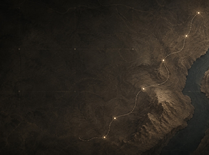Rappresentazione cartografica astratta di un percorso storico-territoriale analizzato con strumenti di intelligenza artificiale